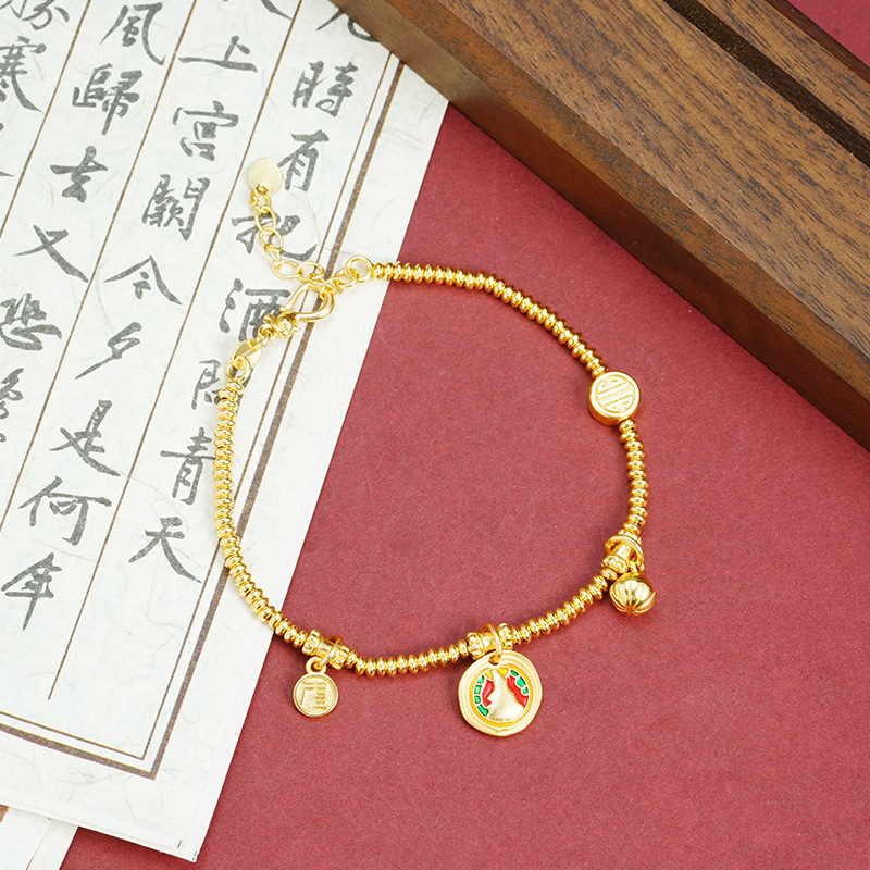 Nuevo estilo chino de arena de oro vietnamita esmalte de color esmalte colorido goteo de aceite pulsera de loto marca redonda temperamento femenino joyas de estilo de corte