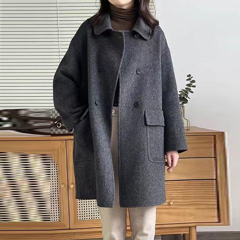 2025新款秋冬装双面呢羊绒大衣女中长款小个子宽松双排扣羊毛外套