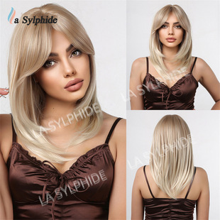 Wig European and American Cross-Border Eight-Shaped Bangs Medium-Length Straight Hair Women's Chemical Fiber Machine-Made Headgear Wig Golden Hair Full Headgear