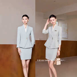 工厂直供绿色V领领职业套裙女收腰两粒扣西服套裙售楼迎宾工作服