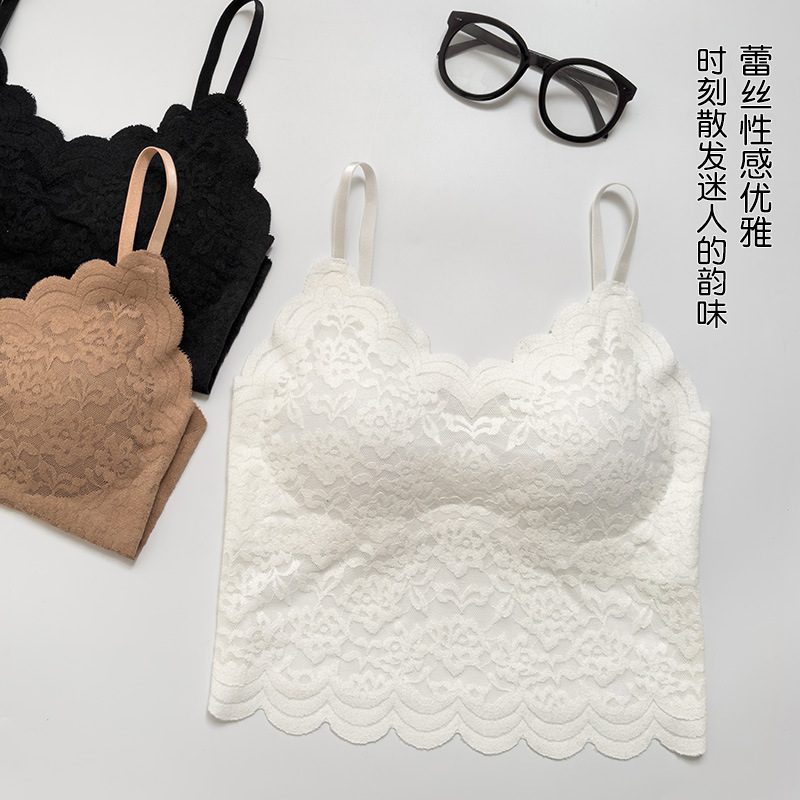 Versatile Pure Desire Summer Seamless Ice Silk Lace Beautiful Back Strapless Top with Chest Pads Slim Fit Base Layer Camisole