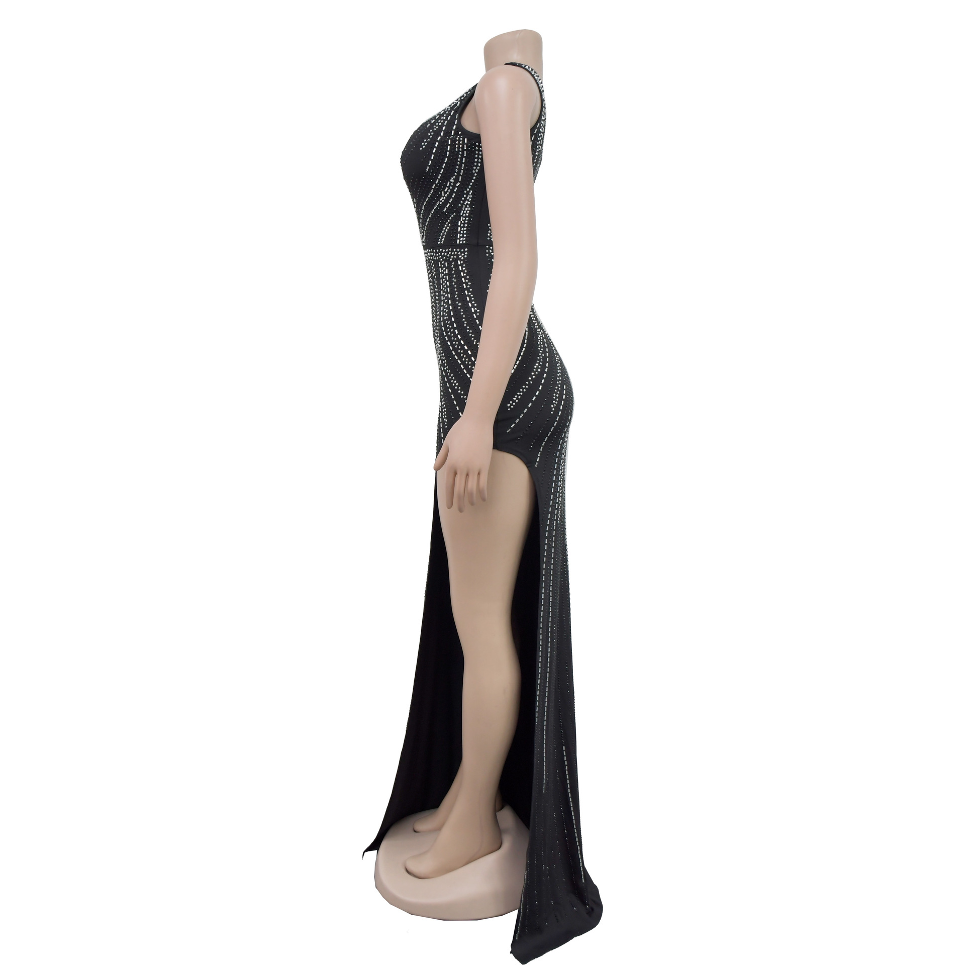 Robe moulante ornée de strass pour femme – Robe de soirée sexy à manches longues, élégante et glamour._voghion.com