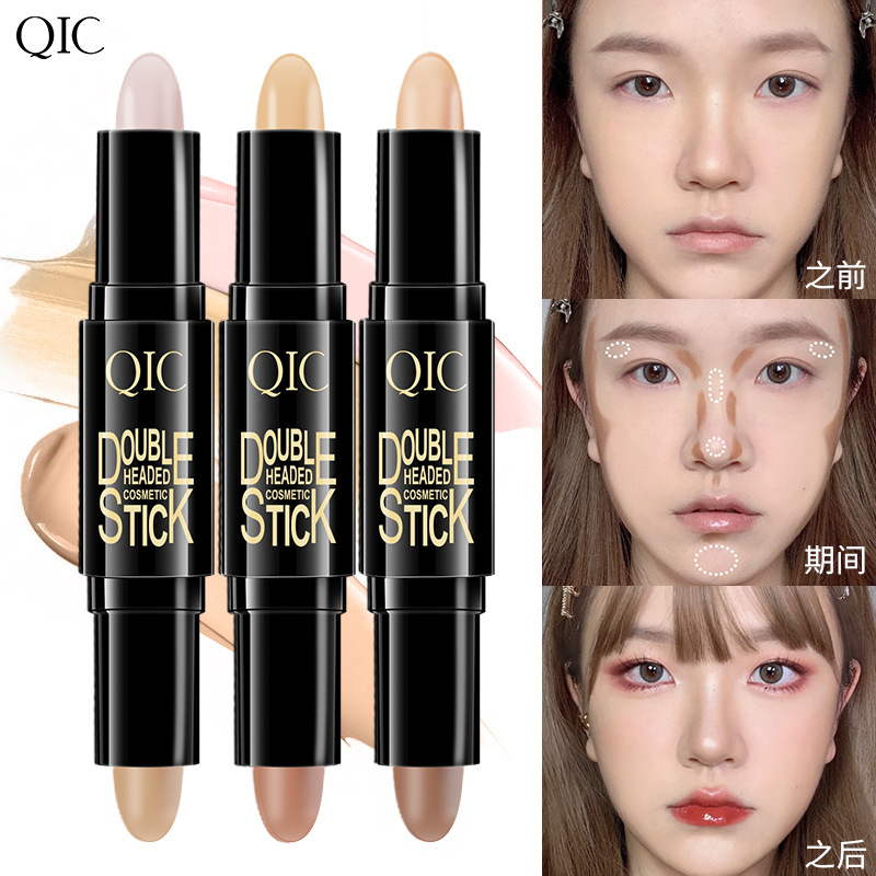 QIC Brightening Concealer Setting Makeup Waterproof Highlight Stick Shadow Silhouette Stick Three-dimensional Double-ended Contour Stick Cross-border Makeup