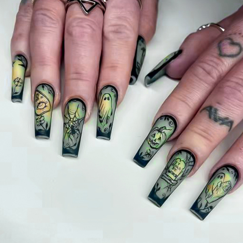 Halloween Pumpkin Ghost Nail Art Patch Cross-border Creative Personalized Handmade Wear A European and American Long T False Nail Patch