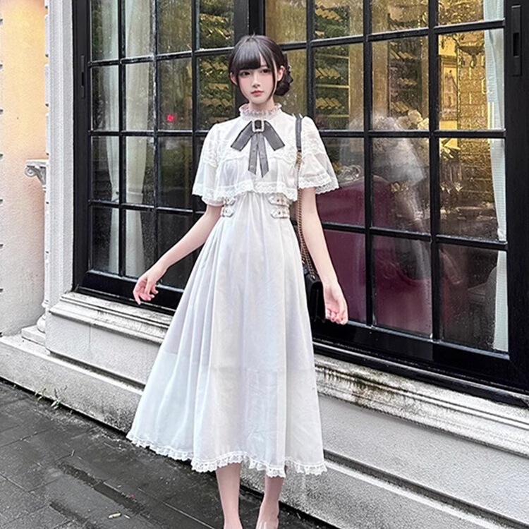 Japanese-Style Short-Sleeve Women's Cape Dress with Mesh, Large Bow, Lace Trim, and Elegant Patchwork Long Dress Japanese-Style Short-Sleeve Women's Cape Dress with Mesh, Large Bow, Lace Trim, and Elegant Patchwork Long Dress