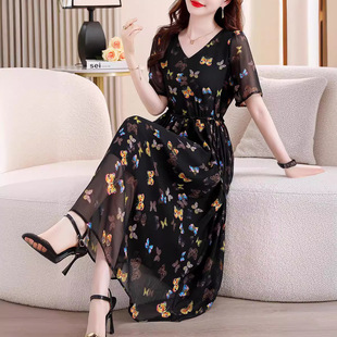 真絲提花質感桑蠶絲連衣裙國風新中式裙子改良旗袍春夏季女中長款