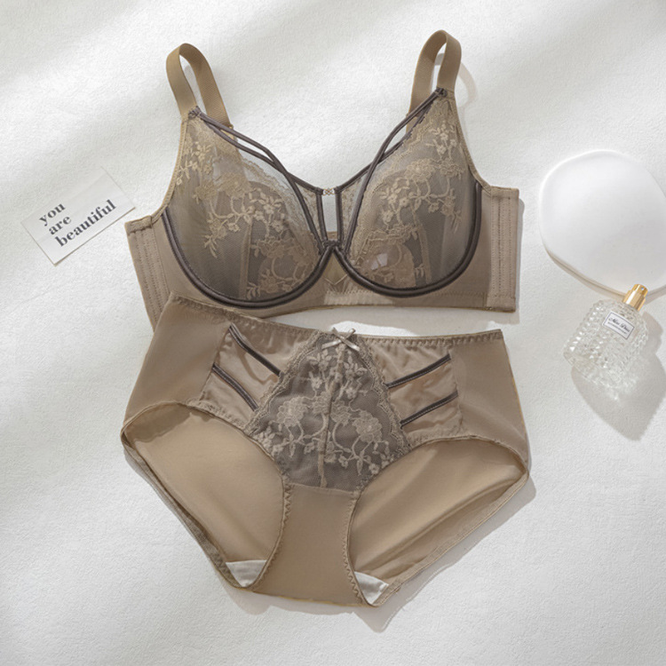 6616 Sujetador de encaje sexy con anillo de acero suave francés, orejas de conejo ligeras, pechos grandes, memoria pequeña, ropa interior ajustable de titanio