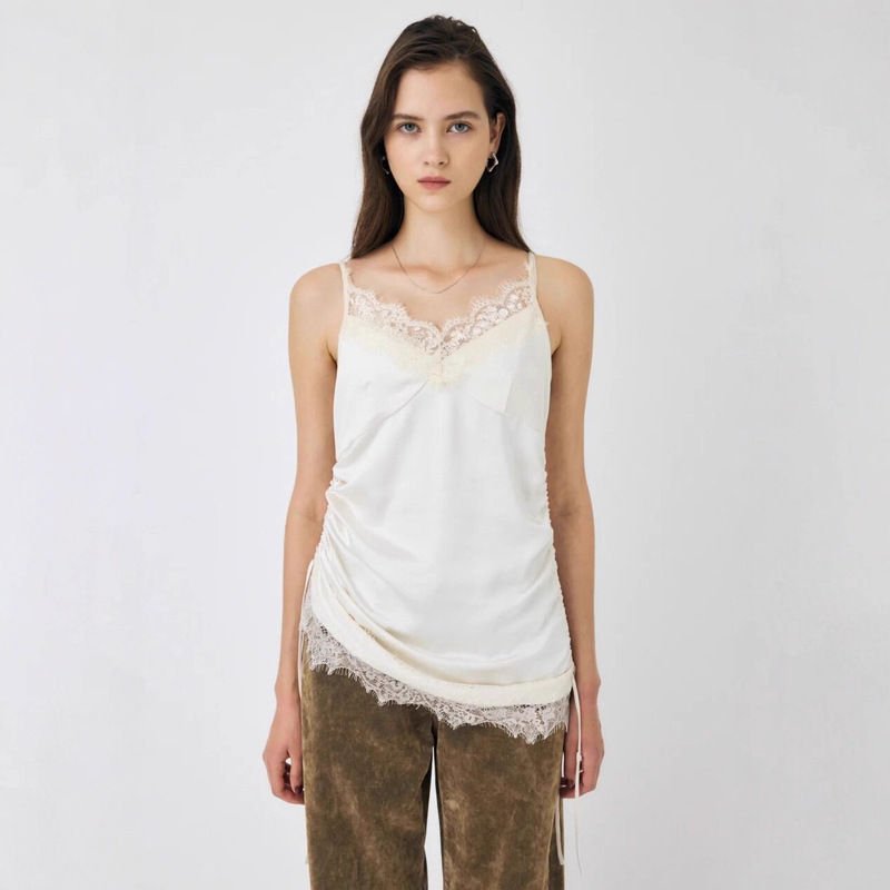 European and American Cross-Border Lace Splicing Drawstring Satin Glossy Camisole Women's Pure Color V-Neck Sexy Bottoming Shirt Inner Wear