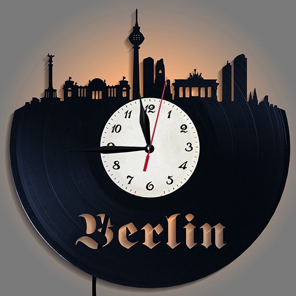 跨境爆款Berlin黑胶唱片挂钟LED夜灯 德国柏林创意时钟挂表装饰