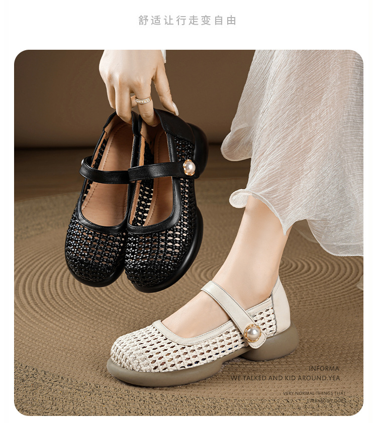 Sandal nữ da thật quai chữ V đan móc mũi kín đế mềm — màu be chi tiết 7