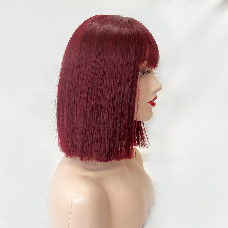 Europa y los Estados Unidos transfronterizos parejas pelucas de mujer vino rojo corto recto frente encaje mediano realista fibra química wig