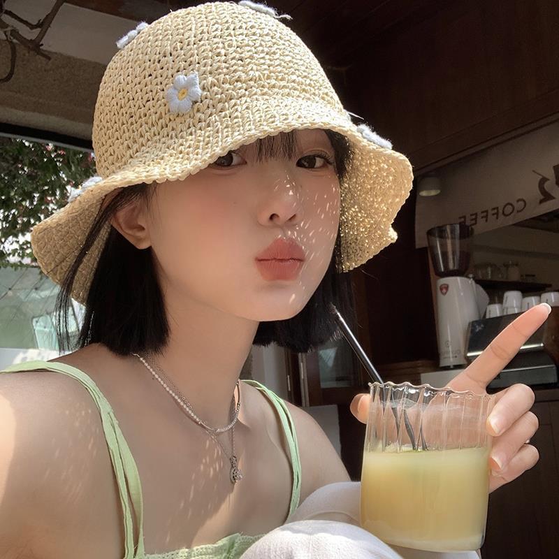 Sombrero de paja de flor de mujer verano transpirable a prueba de sol sombrero de cubo a prueba de sol estilo japonés sombrero de hierba de aspecto facial fresco