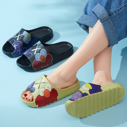 Cross-border color printing summer coconut couple's rub-on thick-soled bathroom sandals and slippers with modified pattern for outdoor wear