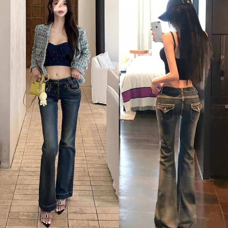 【Yi Mengling's Style】Low-Waist Washed Blue High-Stretch Flared Jeans for Women, Slim-Fit Floor-Length Pants 【Yi Mengling's Style】Low-Waist Washed Blue High-Stretch Flared Jeans for Women, Slim-Fit Floor-Length Pants
