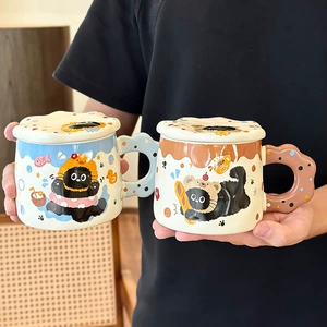 Милая чашка для кота с крышкой, красивая кружка с крышкой, домашняя керамическая чашка для питья, чашка для воды в подарок на день рождения