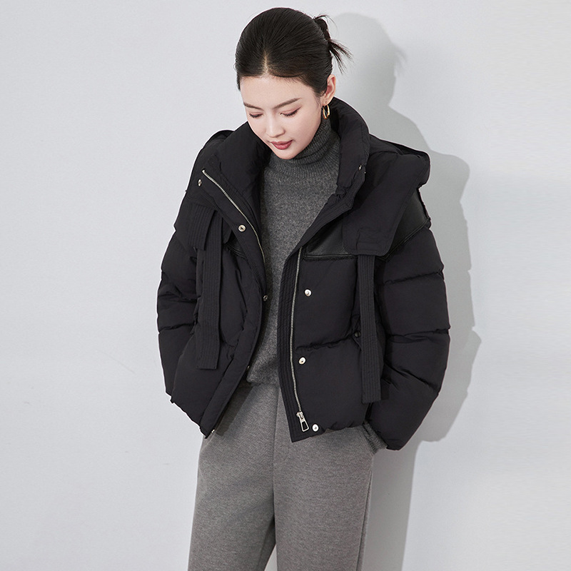 高奢90白鸭绒长短款羽绒服女2025新款加厚拼接PU设计感飘带面包服|undefined