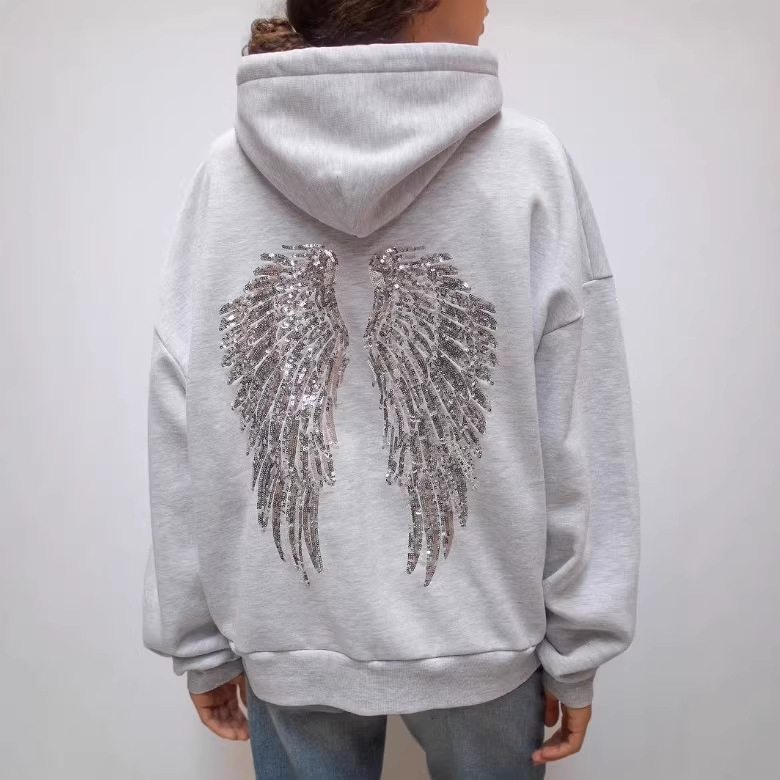 欧美跨境新款女装亚马逊时尚连帽宽松百搭纯色翅膀珠片休闲套装
