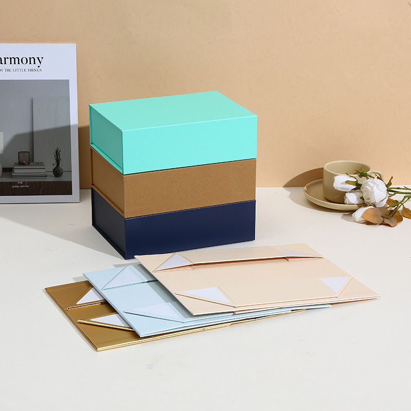 折叠一片式翻盖包装盒黑色折叠天地盖磁吸硬纸包装盒礼品盒批发