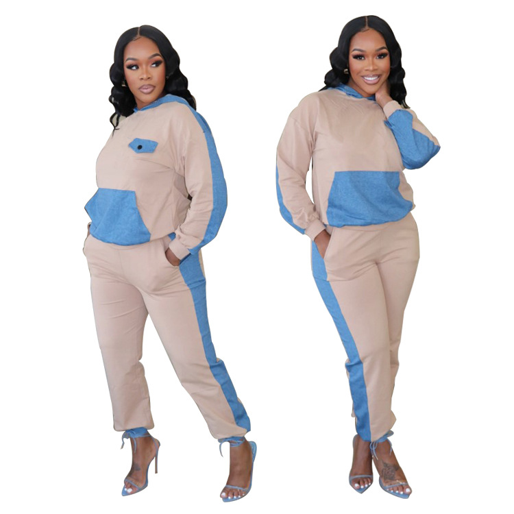 Women's Clothing 2024 autumn and winter hit casual denim patchwork hooded two piece suit_voghion.com