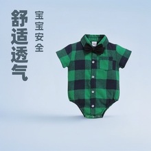 INS婴幼儿衬衫哈衣夏装宝宝格子三角包屁衣短袖男宝爬服连体翻领