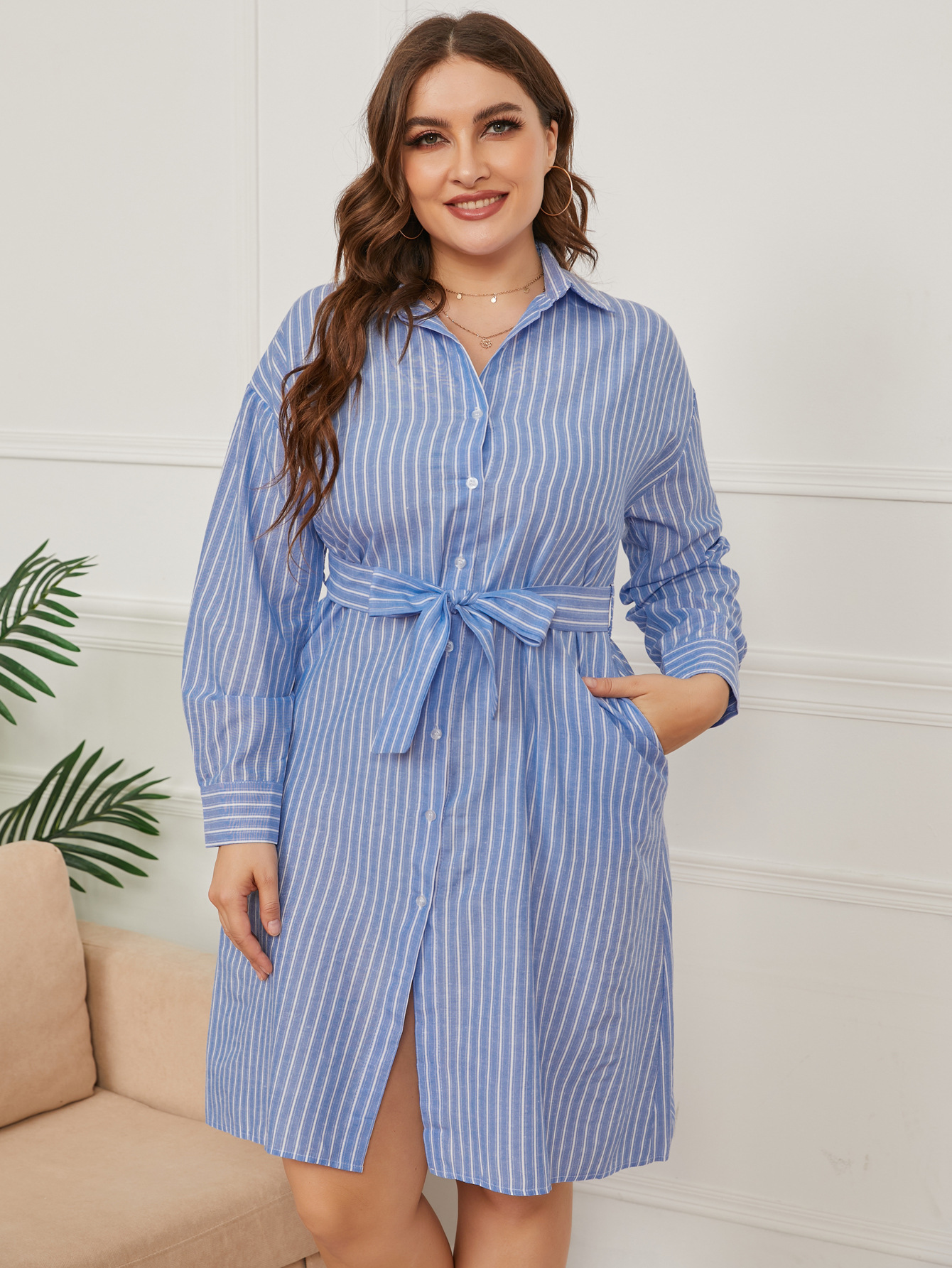 women s stripe-breasted long-sleeved shirt dress nihaostyles clothing wholesale NSCX72503