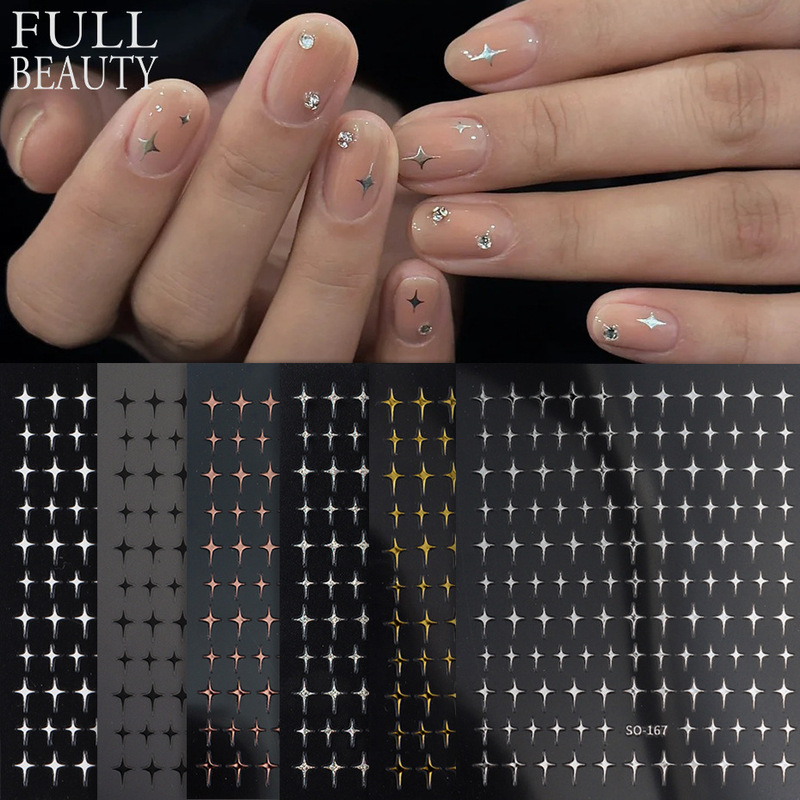 Cross-Border New Nail Art Stickers Ins Four-Pointed Star Four-Pointed Star Silver Gold Mirror Nail Sticker Set