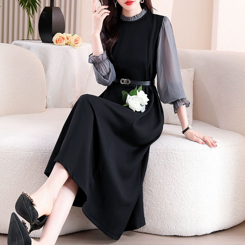 Доставка ремня черного синего сшивания однослойного непрозрачного гриба с круглым вырезом с длинными рукавами, сплошной темперамент, нижняя одежда