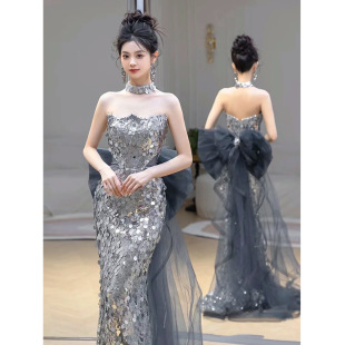 Fishtail Banquet Evening Dress 2025 Spring and Summer New Tube Top Sequin Fishtail Fairy Elegant Fishtail Skirt Manufacturer Supply
