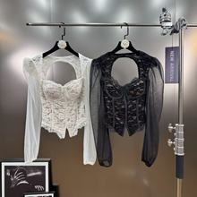 法式甜辣方领网纱长袖蕾丝收腰显瘦露背性感ins宫廷风小衫