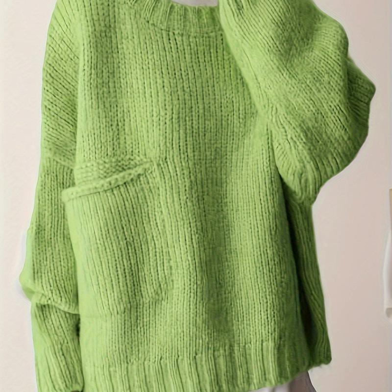 Plus Size Solid Pocket Crew Neck Sweater Casual Long Sle跨境|undefined