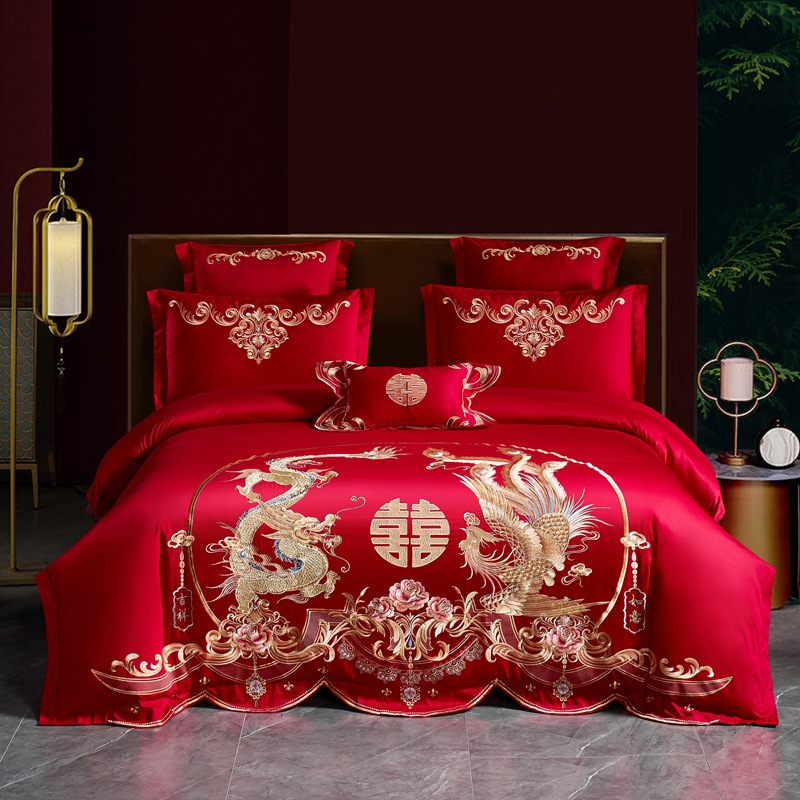 algodón molido de alta gama, bordado de bodas, algodón puro, cuatro piezas, ropa de cama de boda roja, lujo ligero