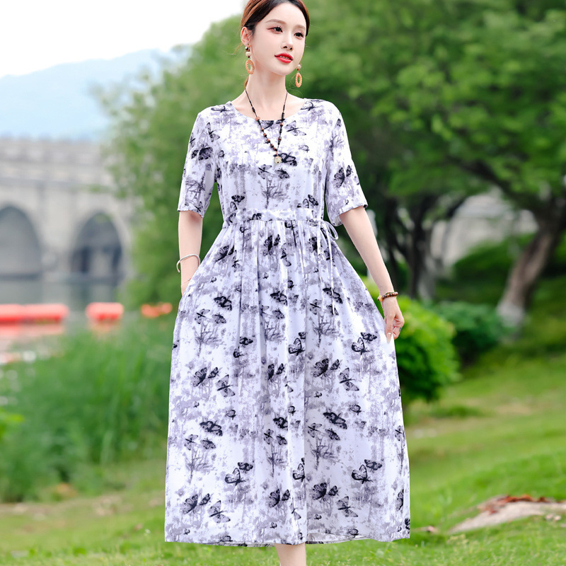 2025 New Cotton Silk Dress Women's Summer Floral Loose Knee-Length Long Skirt with Waist Tie Outer Skirt