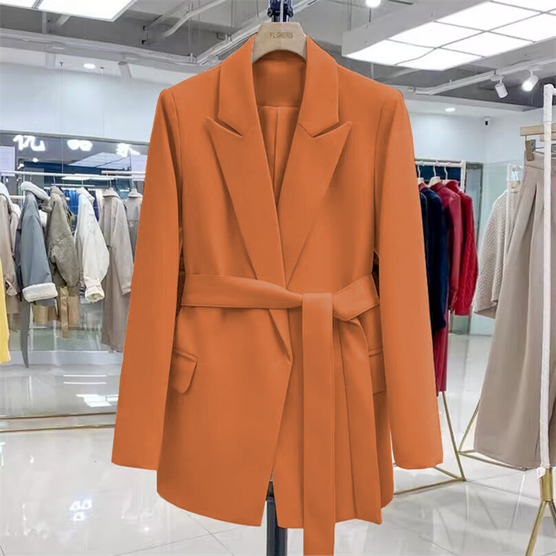 Orange 2026 New Korean Style Lace-Up Design Elegant Slim Casual Mid-Length Blazer Jacket for Women