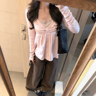 大码韩版甜美风蝴蝶结假两件长袖温柔时尚女2026秋冬超好看的上衣
