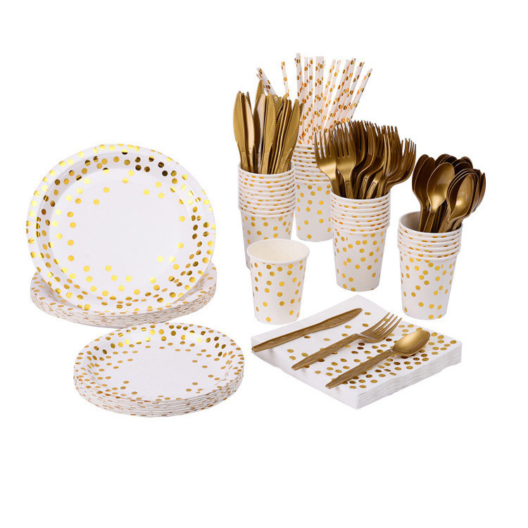 Nuevo punto bronceado tema blanco fiesta de cumpleaños decoración papel taza Placa de papel tejido fiesta de cumpleaños decoración