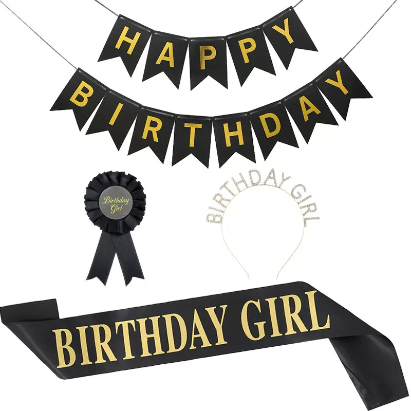 新款生日发箍徽章拉旗套装 birthday girl头箍女孩 生日装扮