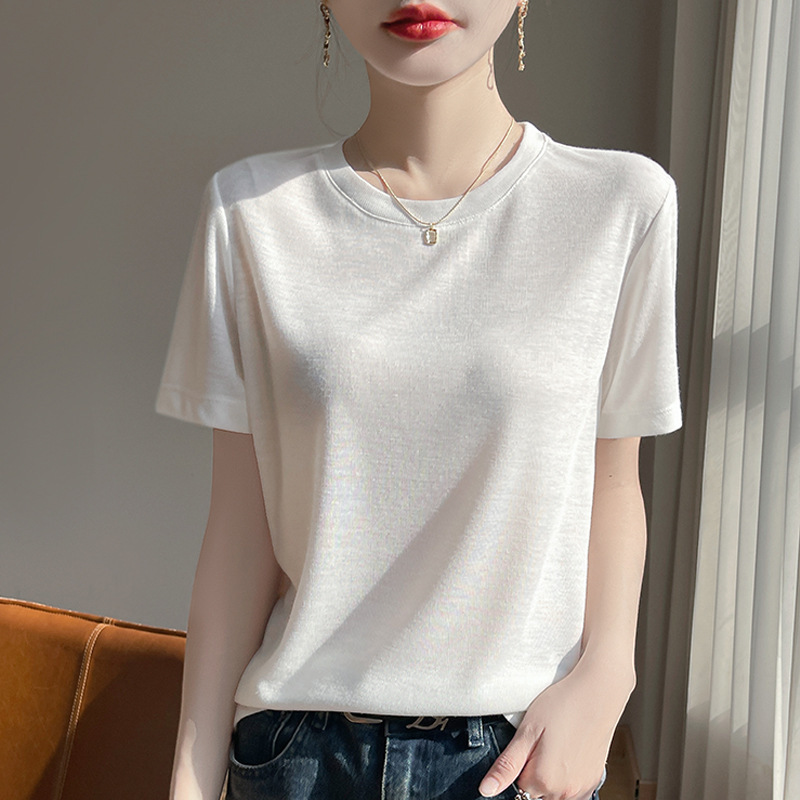 Cross-Border 2025 New Summer Style Loose Round Neck Lyocell T-Shirt Women's Bottoming Shirt Short-Sleeved Women's Top