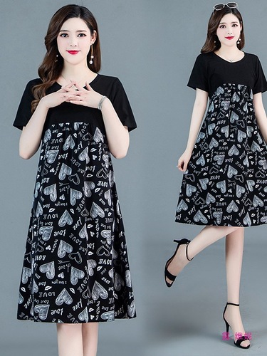 Women's Summer Loose Short-Sleeve Dress with Elegant and Trendy Style, Youthful Design, Plus Size, Fat Print, Splicing, Mother Dress