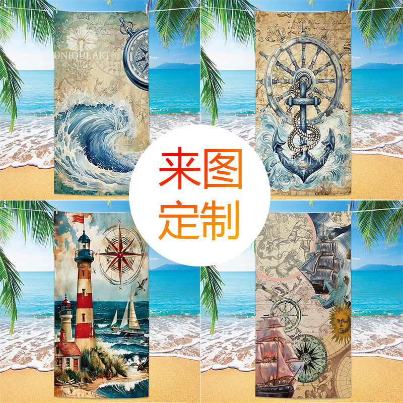 2025 Cross-border Microfiber Sailing Beach Towel Digital Printing Quick-drying Beach Bath Towel Double-sided Fleece Beach Hair