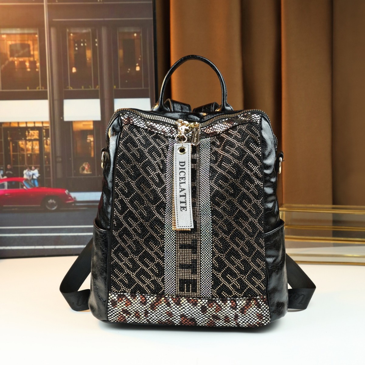 Women's Rhinestone Square Backpack Casual Versatile Shoulder Crossbody Tote Bag Multi-Compartment PU Leather Zipper Closure Medium Size_voghion.com