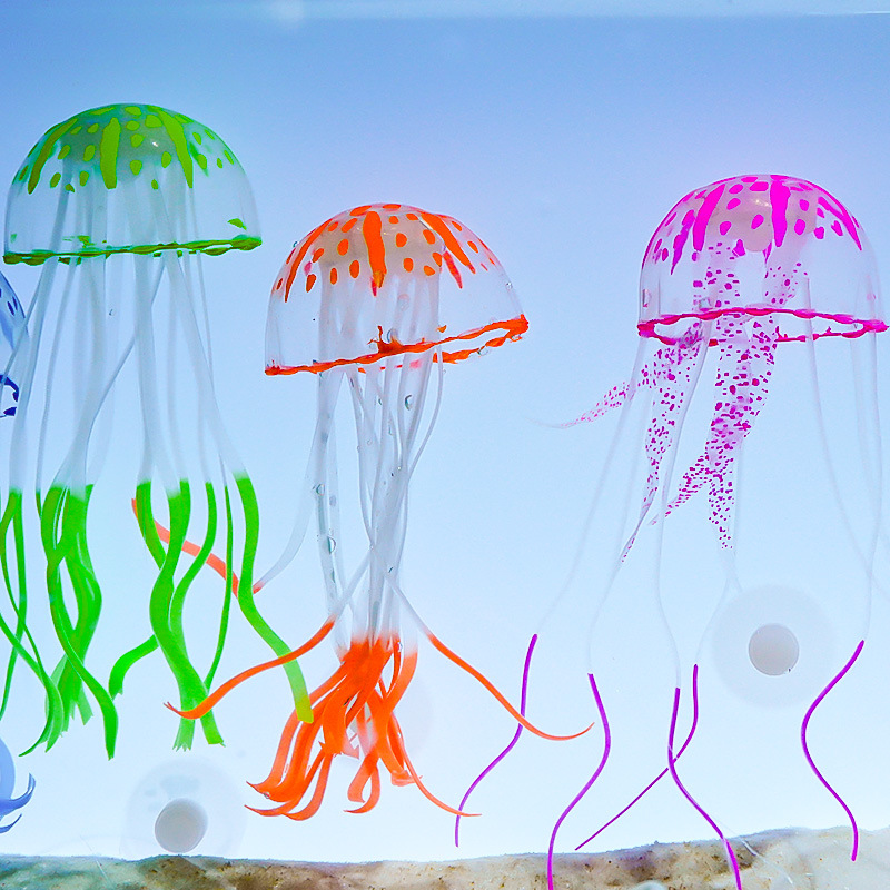 Decoraciones de decoración de paisajismo de pecera de venta caliente, hierba de agua falsa, suave, color de coral, simulación, medusa, tanque de mar, punto, cabello recto