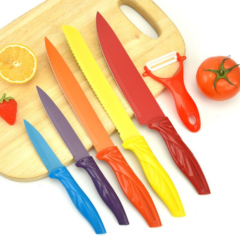 Yangjiang cuchillo / tijeras conjunto completo de cuchillo de mango de anchoa de color al por mayor conjunto de seis piezas de cuchillos de cocina de acero inoxidable color arco iris