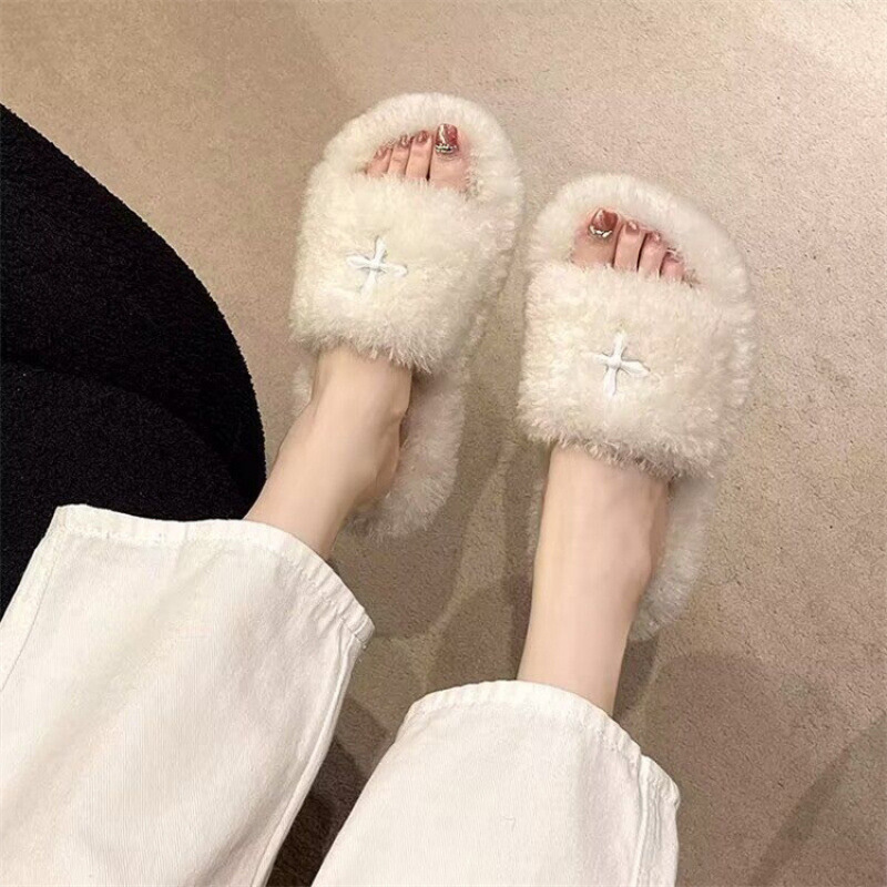 Zapatillas de lana de fondo grueso 2024 otoño y invierno nuevas zapatillas de moda versátiles de alto valor de cachemira casual en línea image 11