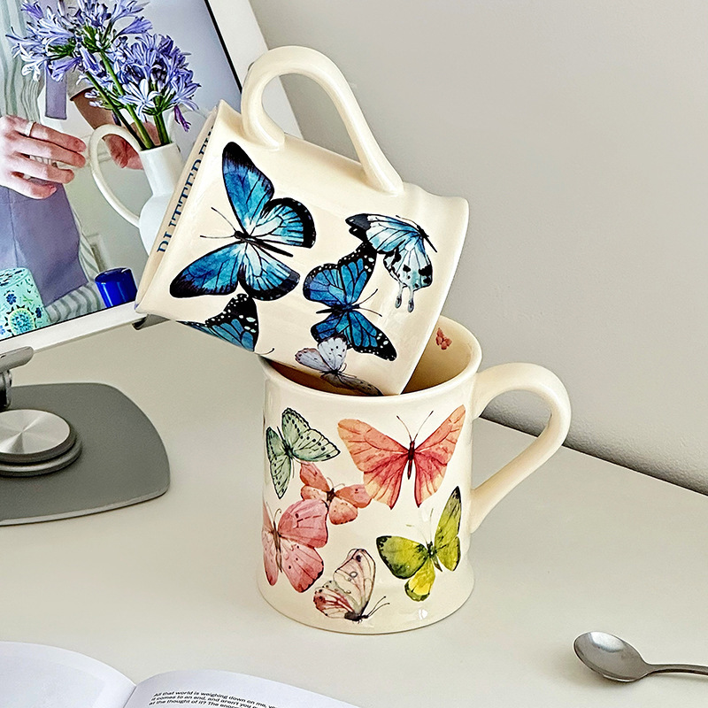 Vintage Ceramic Butterfly Mug Office Home Girl's High-value Mug Coffee Mug Couple's Mug Hand Ceremony