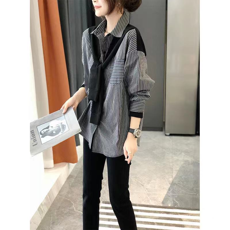 Women's Clothing Cool women's clothing black and gray striped tops shirts women's design sense fashion outer wear versatile temperament new_voghion.com
