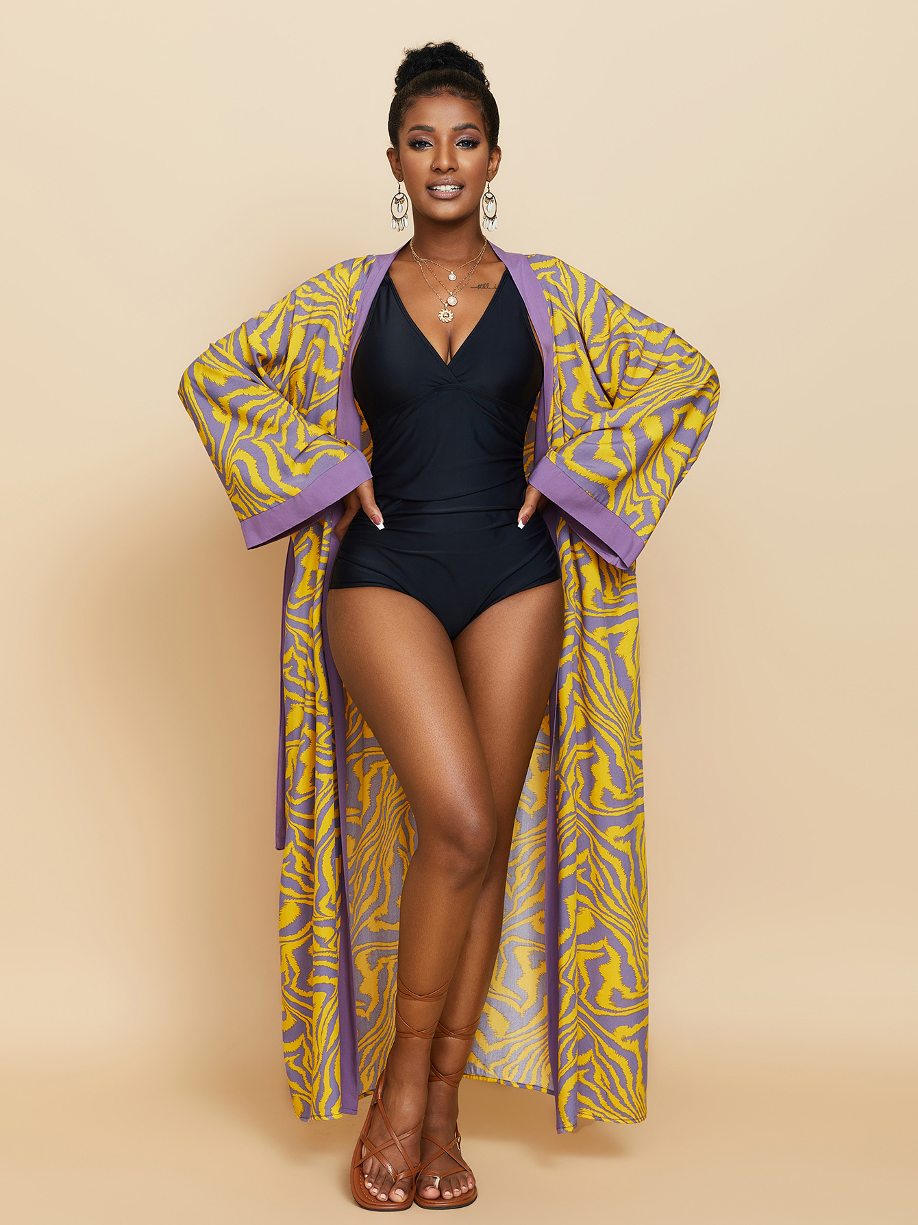 Women's Flowy Cover Up Kimono Beach Dress With Exotic Prints Lightweight Linen Feel Fabric For Pool, Vacation, Boho Outfit_ecoleips.com