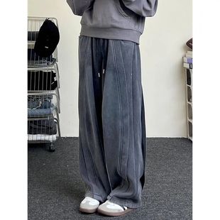American Retro Washed Patchwork Sweatpants Vintage Trendy European and American Street Pants Men's Wide-Leg Straight Pants