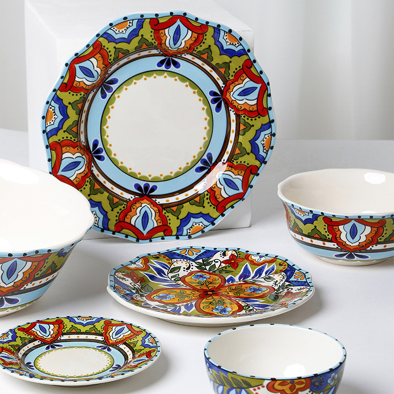 European and American guest creative ceramic bowl Bohemian rice bowl large soup bowl personalized tableware fruit salad bowl noodle bowl