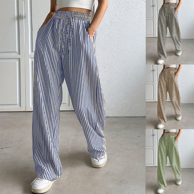 2025 European and American Cross-Border Amazon New Striped Wide-Leg Pants Drawstring Pocket Casual Long Straight Pants Women's Clothing