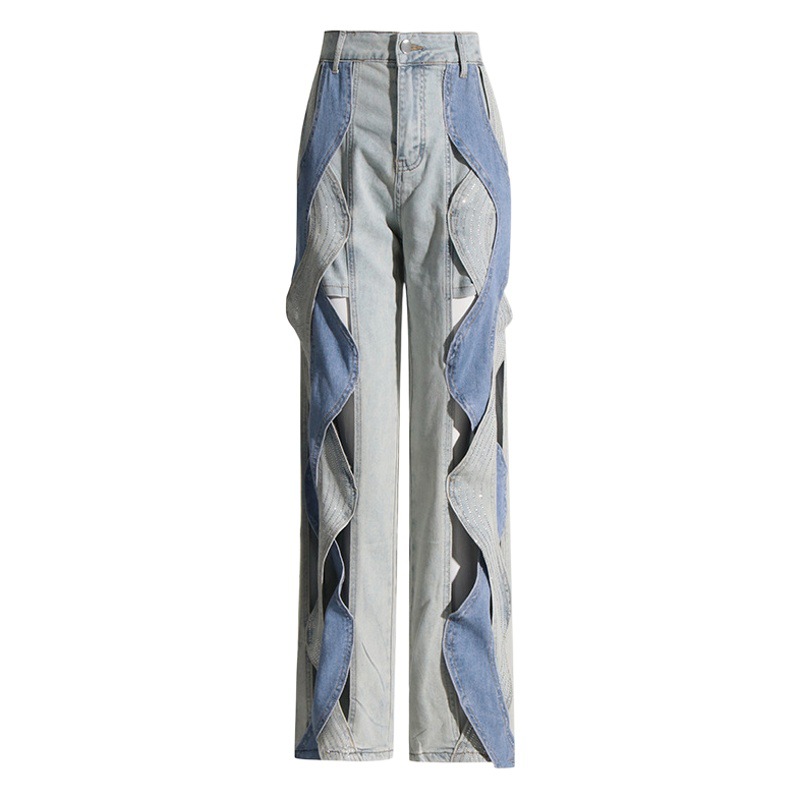 Jeans casuales de moda 2026 en stock, nuevo diseño de nicho, con bloques de color, cintura alta retorcida, pierna recta y efecto adelgazante